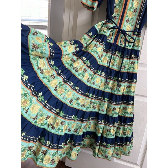 LUXXEL Navy Floral Puff Sleeve Button Front Tiered Maxi Dress Sz M NWT - Picture 7 of 16